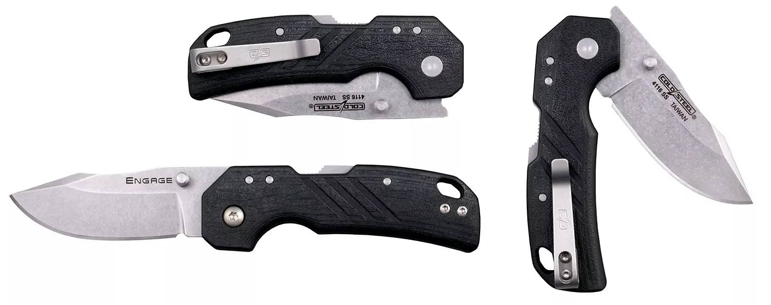 Cold Steel Engage 2.50" Folding Clip Point Plain Stonewashed 4116 SS Blade Black GFN Handle Includes Belt Clip
