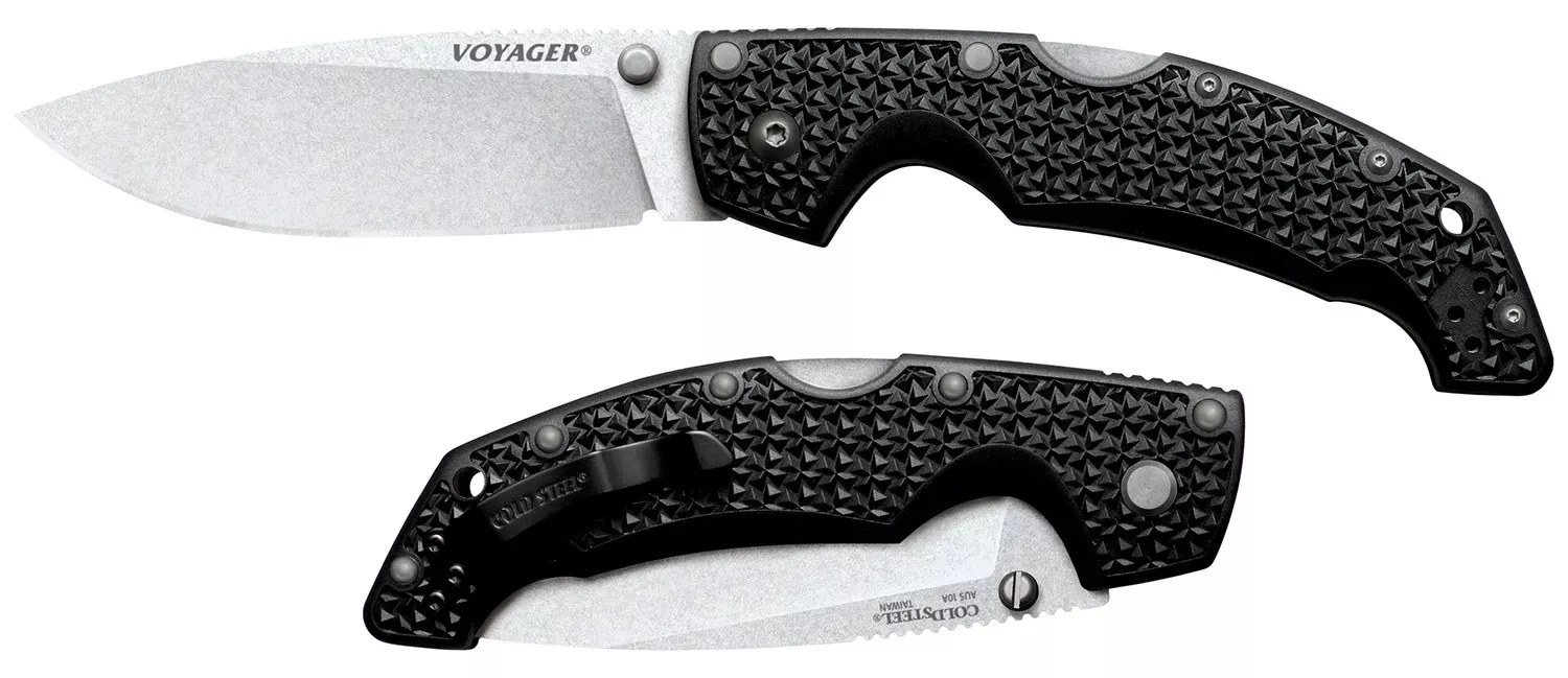 Cold Steel Voyager Large 4" Folding Plain Drop Point Stone Washed AUS 10A Steel Blade/Black Textured Griv-Ex Handle