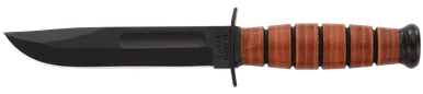 Ka-Bar 1250 Short USMC 5.25" Fixed Clip Point Plain Black 1095 Cro-Van Blade, Brown Leather Handle, Includes Sheath