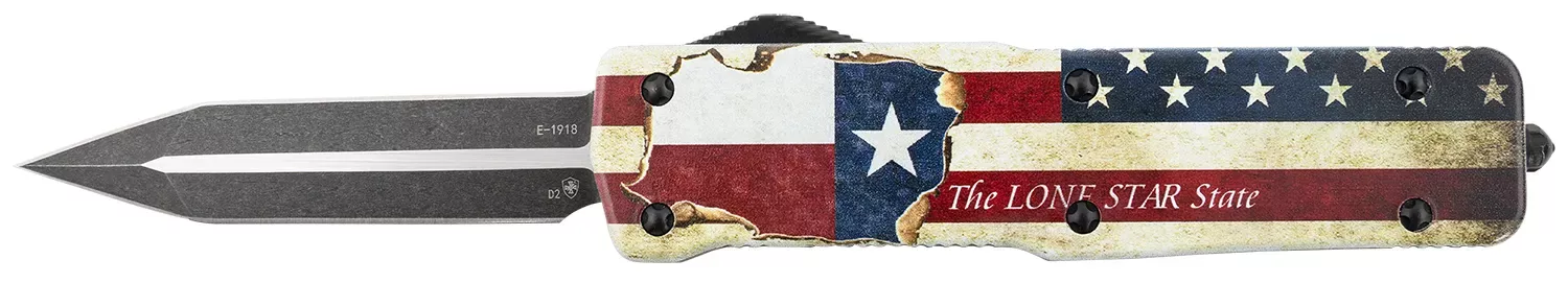 Templar KnifePremium Weighted Large 3.55" OTF Dagger Plain Black Oxide Stonewashed Powdered D2 Steel Blade/5.25" Red/White/Blue w/"The LONE STAR State" Aluminum Zinc Alloy Handle